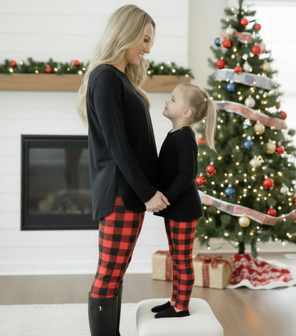 Girls Red Plaid Christmas Leggings - High Waisted - Buttery Soft - Red/Black Leggings MomMe and More 