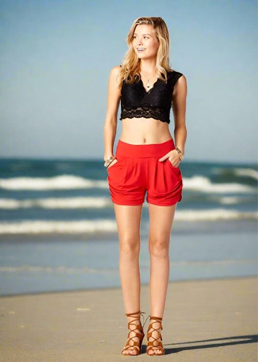 Womens Red Shorts, Harem Pocket Shorts, Sizes S/M/L/XL, Solid Red Shorts MomMe and More 