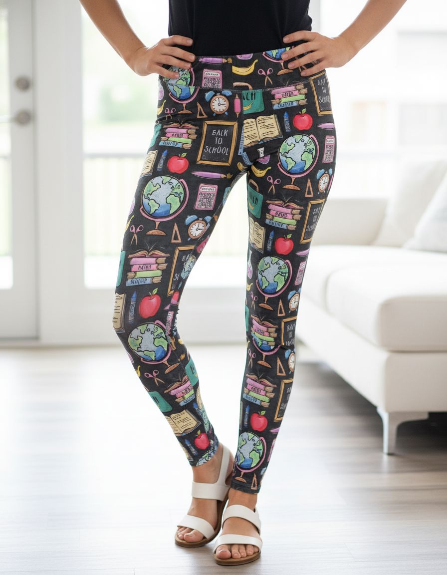 Womens School Teacher Leggings - High Waisted - Buttery Soft - Yoga Pants - Gray/Multi Leggings MomMe and More 