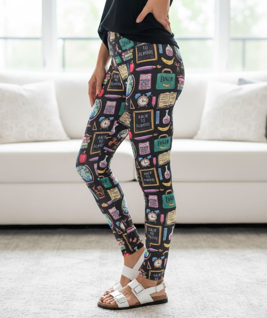 Womens School Teacher Leggings - High Waisted - Buttery Soft - Yoga Pants - Gray/Multi Leggings MomMe and More 