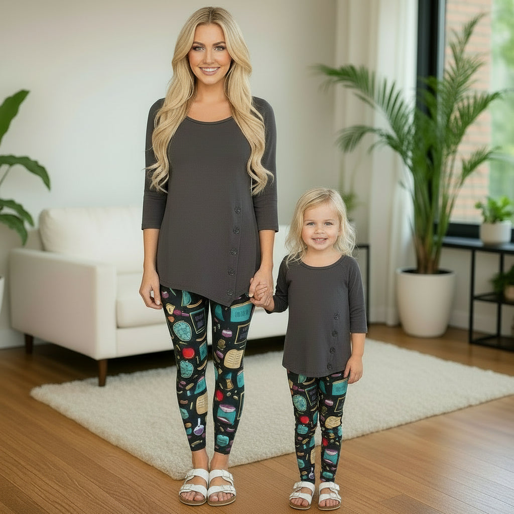 Womens School Teacher Leggings - High Waisted - Buttery Soft - Yoga Pants - Gray/Multi Leggings MomMe and More 