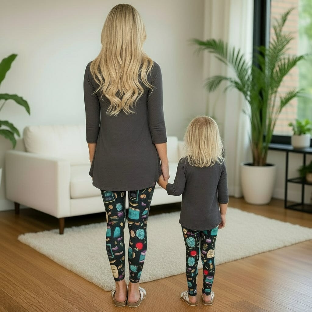 Womens School Teacher Leggings - High Waisted - Buttery Soft - Yoga Pants - Gray/Multi Leggings MomMe and More 