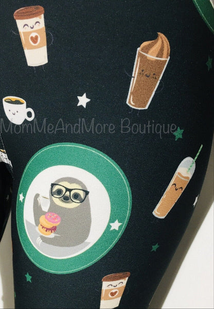 Womens Sloth Coffee Leggings - High Waisted - Buttery Soft - Black/Green Leggings MomMe and More 