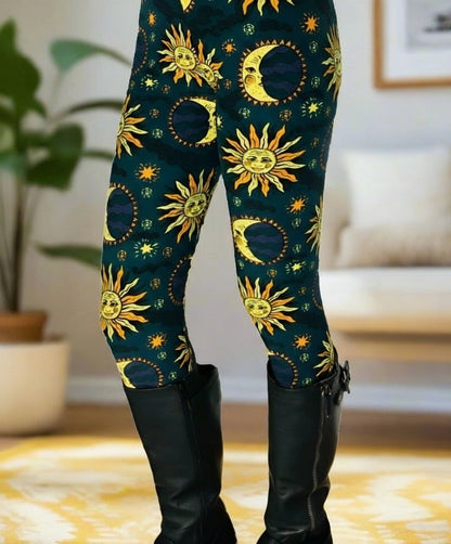 Womens Sun Moon Star Leggings, Soft Yoga Pants, Sizes 18-22, Blue/Yellow Leggings MomMe and More 