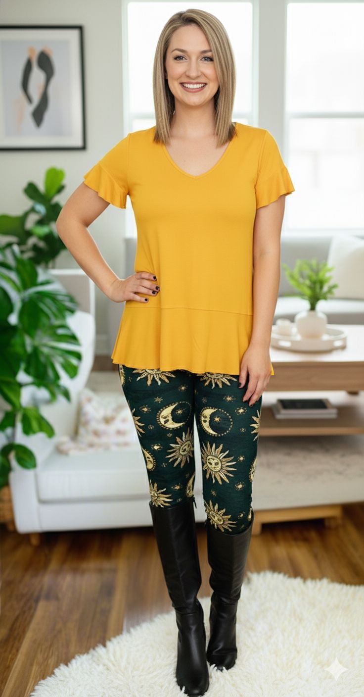 Womens Sun Moon Star Leggings - High Waisted - Buttery Soft - Blue/Yellow Leggings MomMe and More 