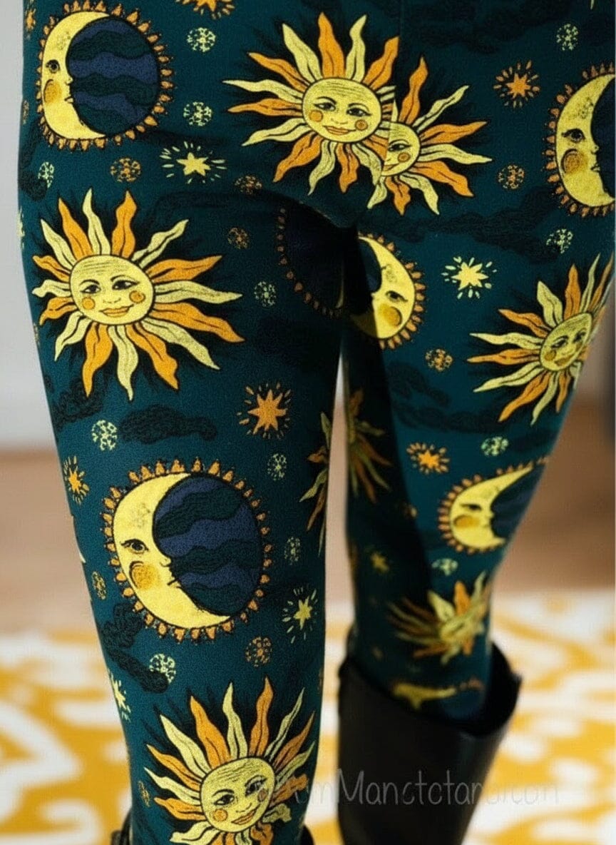 Womens Sun Moon Star Leggings - High Waisted - Buttery Soft - Blue/Yellow Leggings MomMe and More 