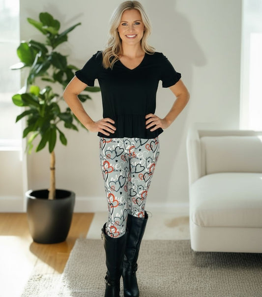 Womens Valentines Day Leggings - High Waisted - Buttery Soft Yoga Pants - Gray Hearts Leggings MomMe and More 