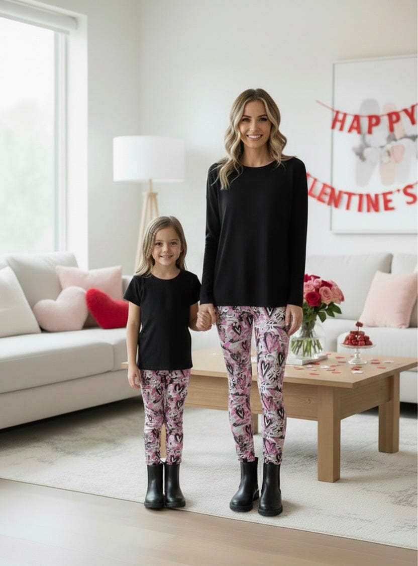 Womens Valentines Day Leggings - High Waisted - Buttery Soft - Pink/Gray Leggings MomMe and More 