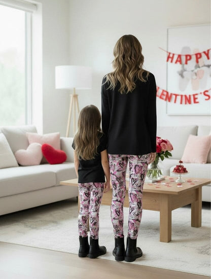 Womens Valentines Day Leggings - High Waisted - Buttery Soft - Pink/Gray Leggings MomMe and More 