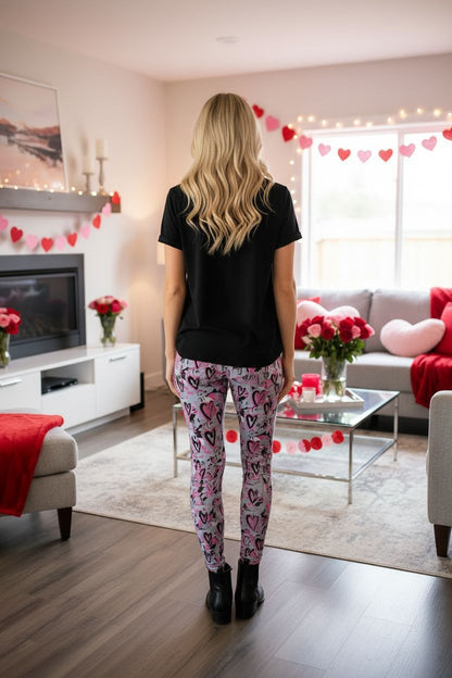 Womens Valentines Day Leggings - High Waisted - Buttery Soft - Pink/Gray Leggings MomMe and More 