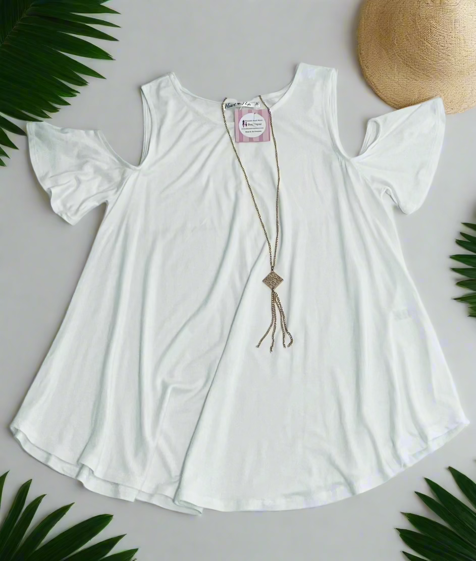 Womens White Cold Shoulder Top | Short Sleeve Open Shoulder Shirt Tops MomMe and More 