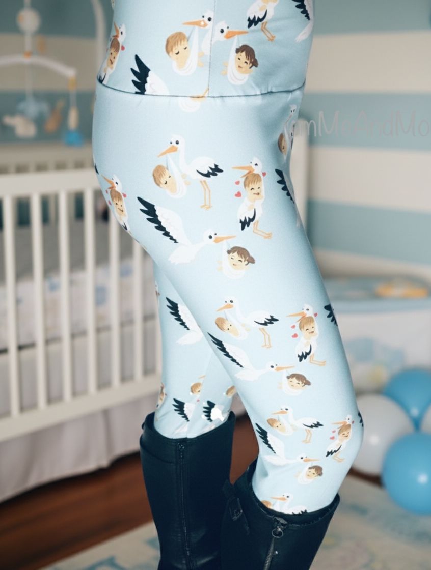 Womens Blue Stork Leggings - High Waisted - Buttery Soft - Baby Boy Mom Gift Idea Leggings MomMe and More 