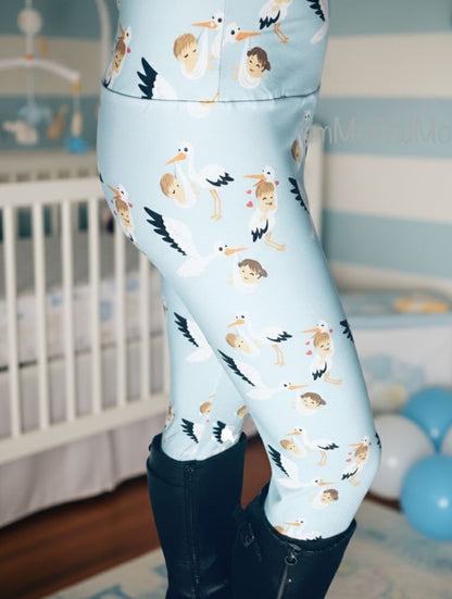 Womens Blue Stork Leggings - High Waisted - Buttery Soft - Baby Boy Mom Gift Idea Leggings MomMe and More 