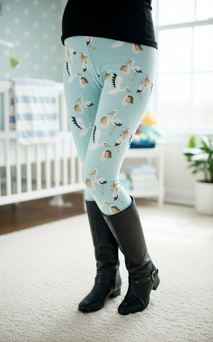 Womens Blue Stork Leggings - High Waisted - Buttery Soft - Luxury Maternity Pants Leggings MomMe and More S Blue Yoga Waist