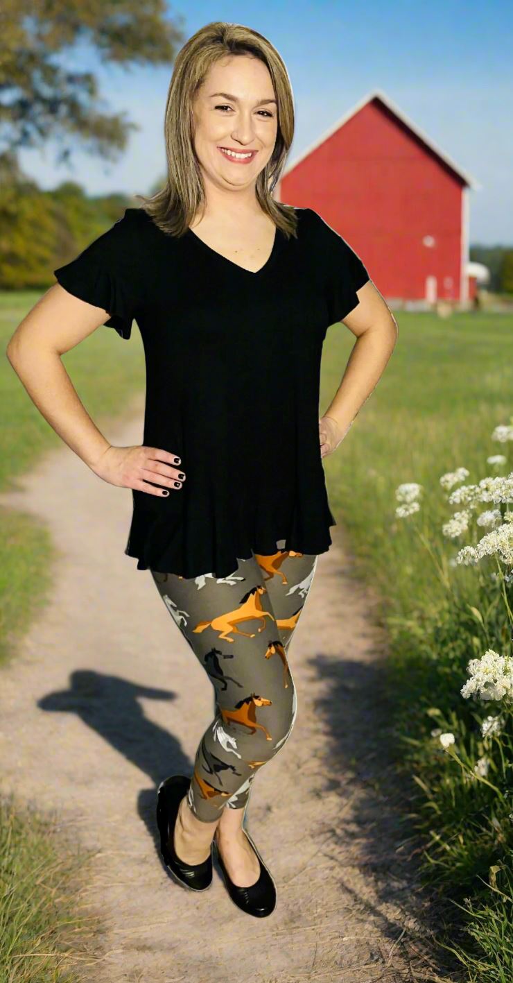 Womens Brown Horse Leggings, Soft Yoga Pants, Sizes 0-22, No Roll Waist, Gray/Brown Leggings MomMe and More 