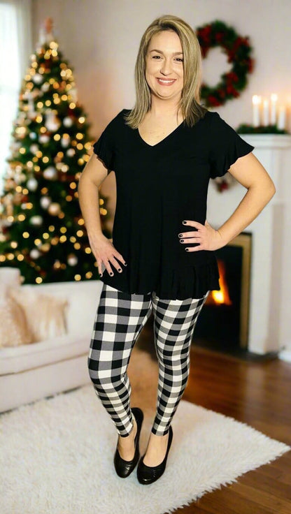 Womens Christmas Black White Plaid Leggings, Soft Yoga Pants, Sizes 18-22, No-Roll Waist, Black/White Leggings MomMe and More 