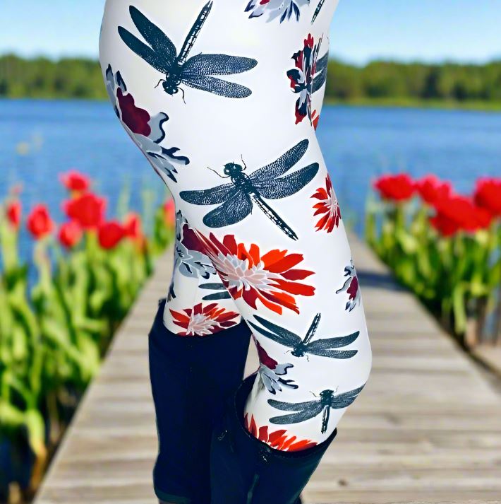 Womens Dragonfly Leggings, Soft Yoga Pants, Sizes 2-20, White/Red/Gray, Yoga Waist Leggings MomMe and More 