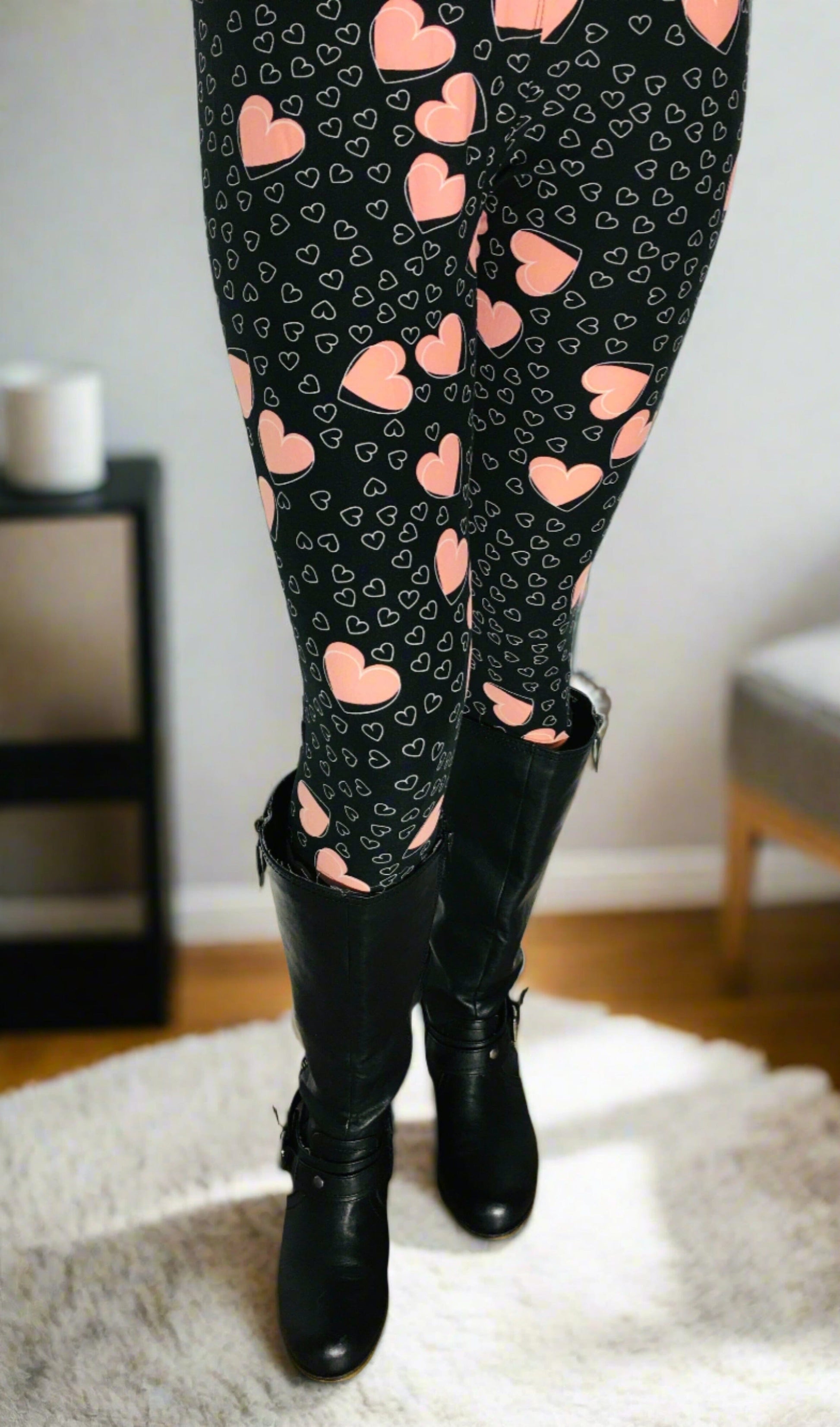 Womens Heart Leggings, Soft Yoga Pants, Sizes 0-20, Yoga Waist, Black/Pink Leggings MomMe and More 