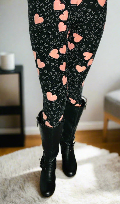 Womens Heart Leggings, Soft Yoga Pants, Sizes 0-20, Yoga Waist, Black/Pink Leggings MomMe and More 