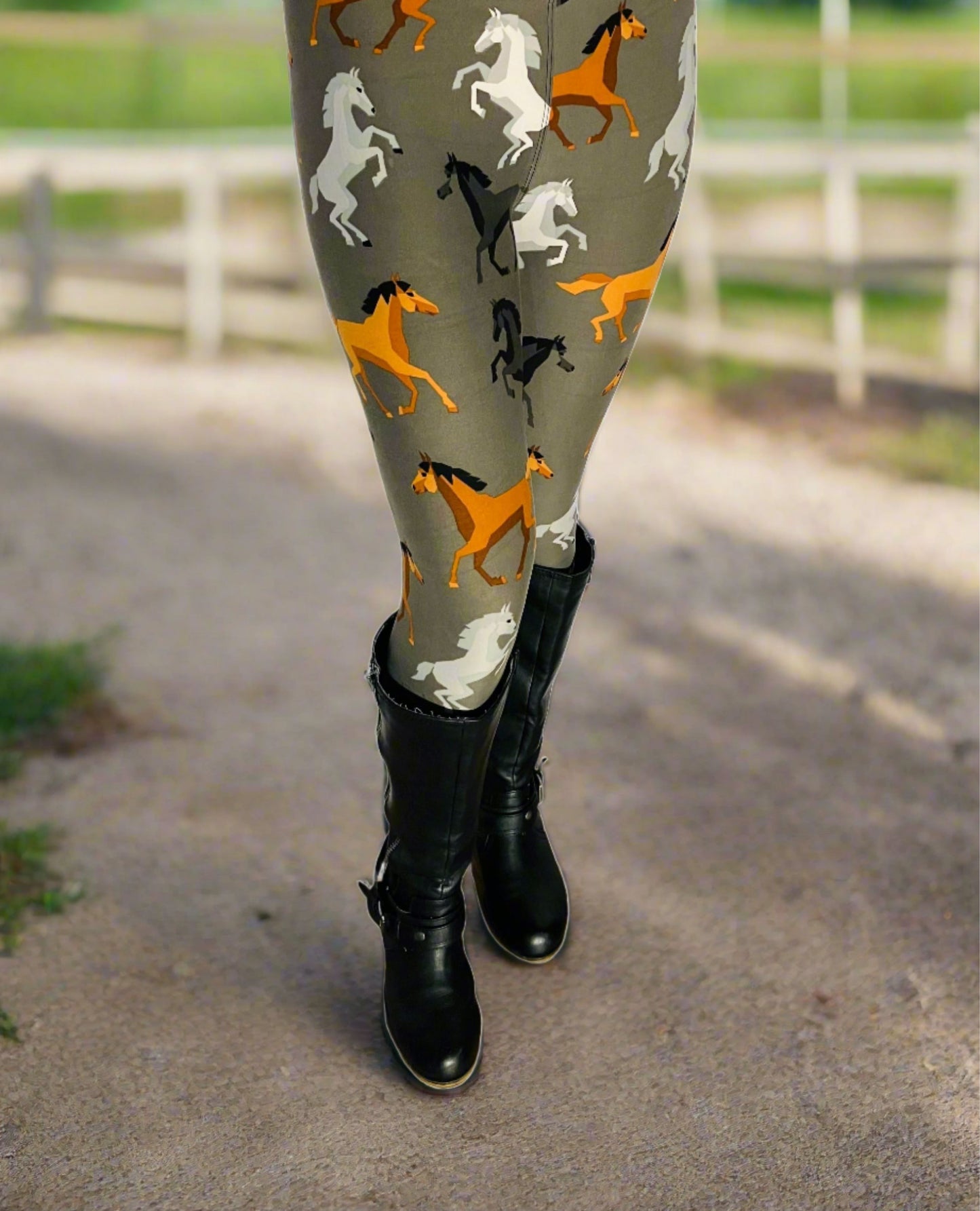 Womens Brown Horse Leggings, Soft Yoga Pants, Sizes 0-20, Gray/Brown Leggings MomMe and More 