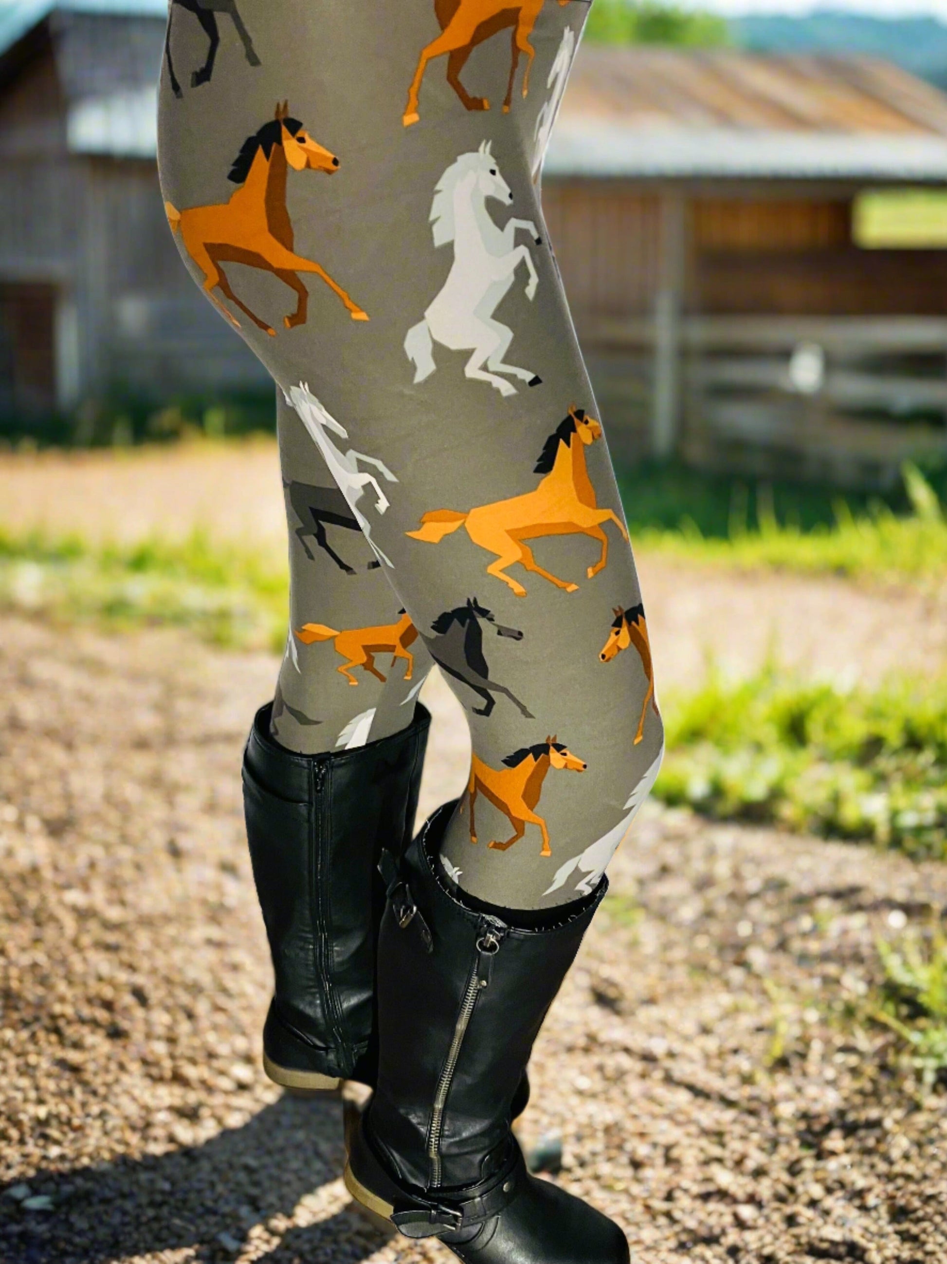 Womens Brown Horse Leggings, Soft Yoga Pants, Sizes 0-20, Gray/Brown Leggings MomMe and More 