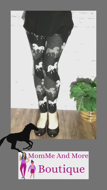 Womens Black Horse Leggings Soft Yoga Pants Black/White Sizes 18-22