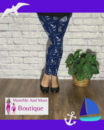 Womens Nautical Boat Leggings, Soft Yoga Pants, Blue/White, Sizes 0-20, Yoga Waist