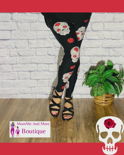 Womens Halloween Skull Rose Leggings | Yoga Pants | Footless Tights