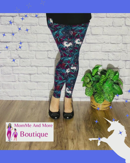 Womens Unicorn Leggings, Soft Yoga Pants, Sizes 0-20, Yoga Waist, Blue/White