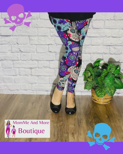 Womens Halloween Purple Skull Leggings | Yoga Pants | Footless Tights