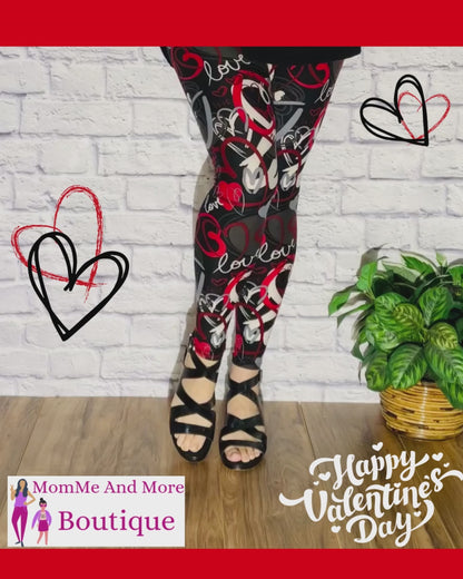 Womens Valentines Day Heart Leggings, Soft Yoga Pants, Sizes 0-20, Yoga Waist, Black/Red