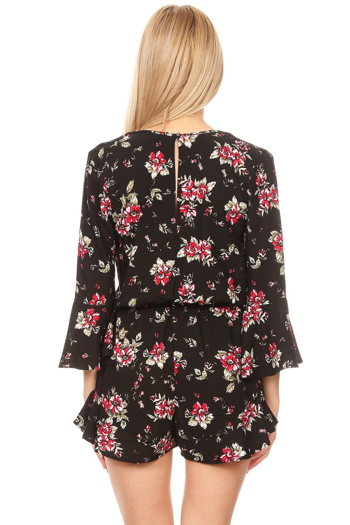 Womens Red Black Floral Jumpsuit  Bell Sleeve Summer Shorts Romper – MomMe  and More