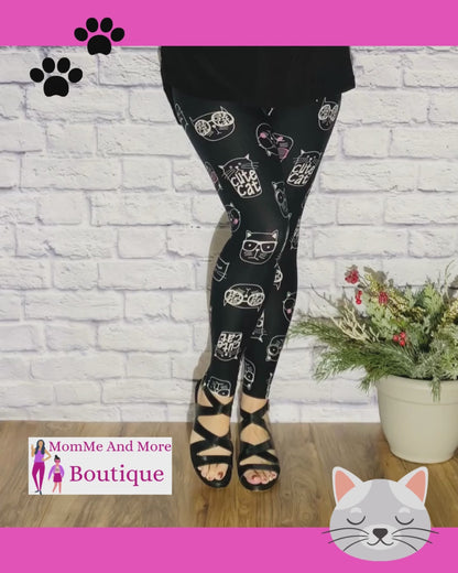 Womens Halloween Black Cat Leggings | Yoga Pants | Footless Tights