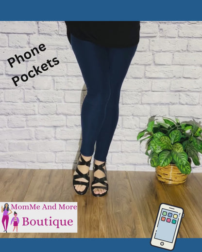Womens Navy Blue Pocket Leggings | Yoga Pants | Footless Tights