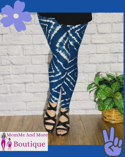 Womens Tie Dye Leggings, Soft Yoga Pants, Sizes 0-10, No-Roll Waist, Blue/White