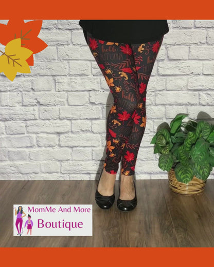 Womens Hello Autumn Thanksgiving Leggings | Yoga Pants | Footless Tights