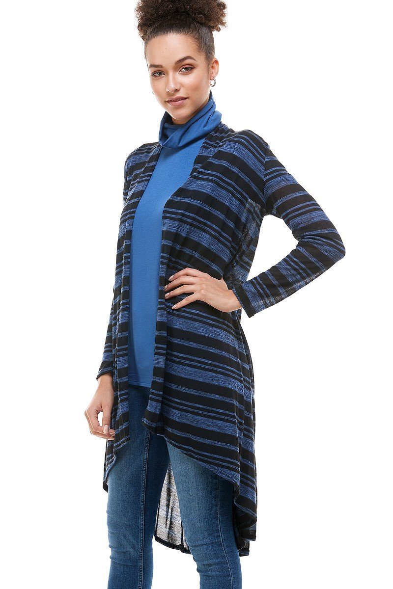 Womens Black Blue Stripe High-Low Cardigan Cardigan MomMe and More 