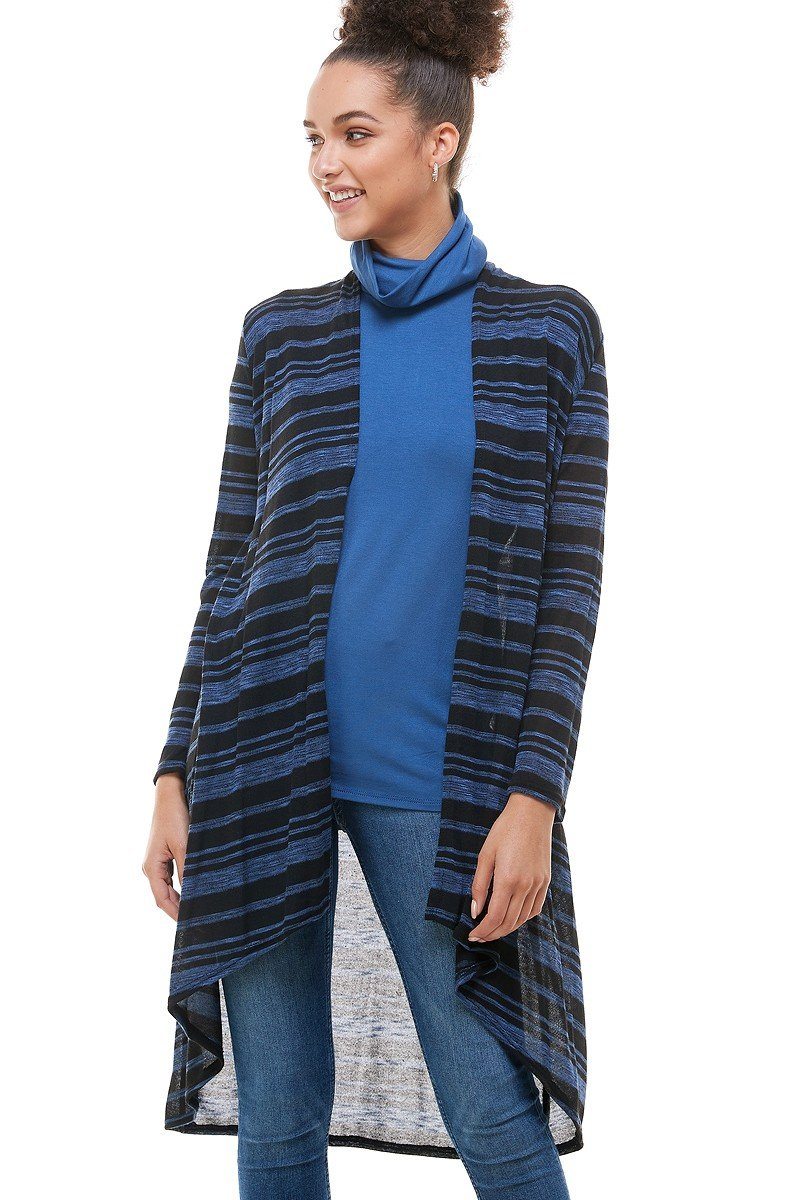 Womens Black Blue Stripe High-Low Cardigan Cardigan MomMe and More 