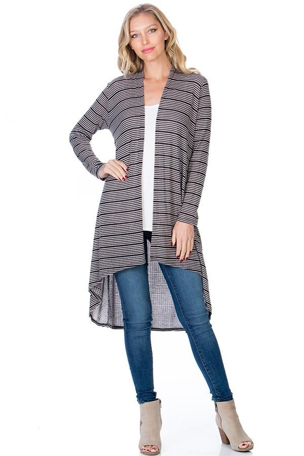 Womens Black Gray Stripe High-Low Cardigan Cardigan MomMe and More 