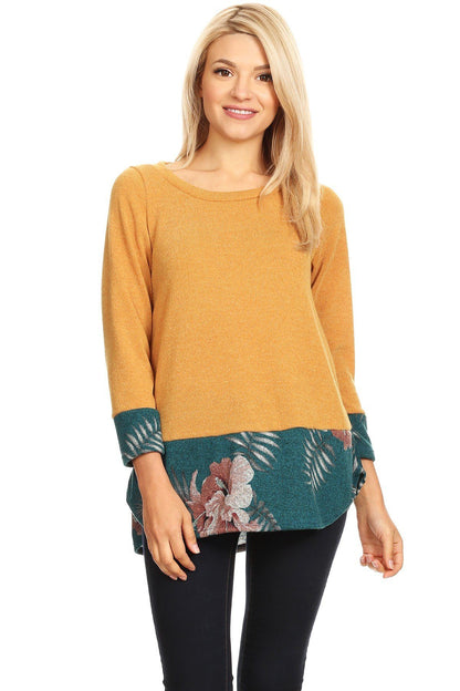 Women's Mustard Yellow Teal Floral Sweater Top: Plus 1xl/2xl/3xl Tops MomMe and More 