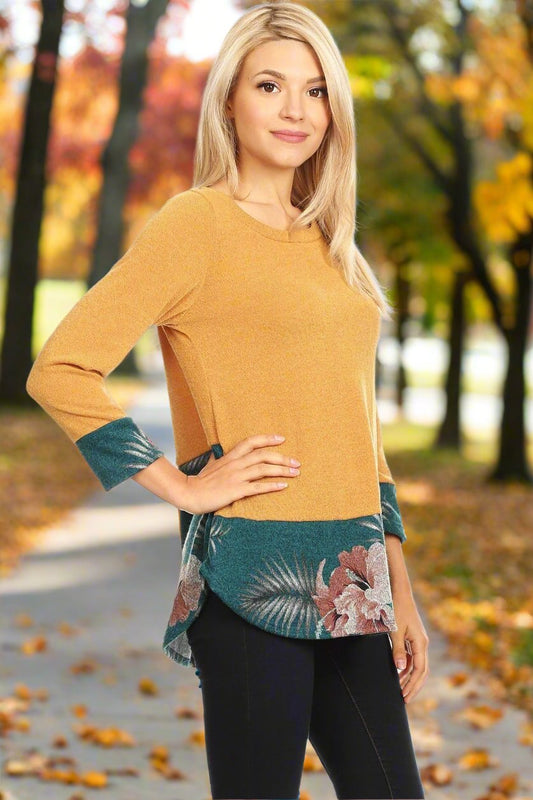 Women's Mustard Yellow Teal Floral Sweater Top: Plus 1xl/2xl/3xl Tops MomMe and More 