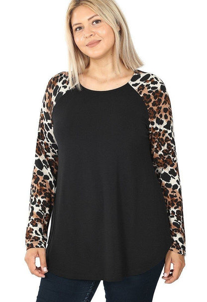 Womens Cheetah Raglan Baseball Top: Plus Size Tops MomMe and More 