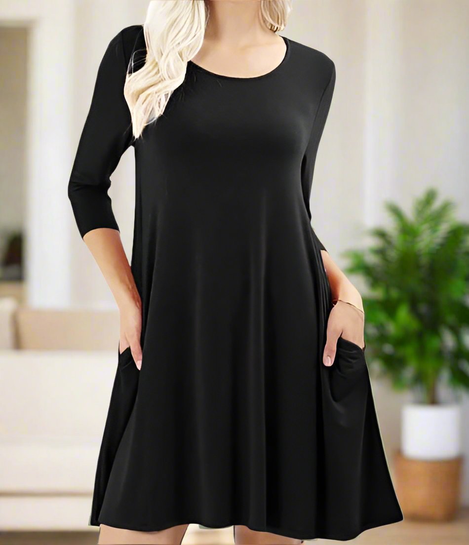 Women's Black Pocket Dress 3/4 Sleeves: S-3XL dress MomMe and More 