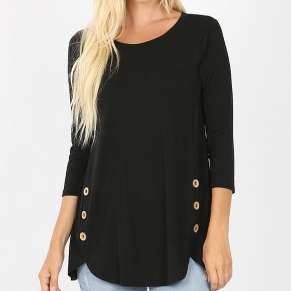 Womens 3/4 Sleeve, Side Button, Dolphin Hem Tunic Top: Black Tops MomMe and More 