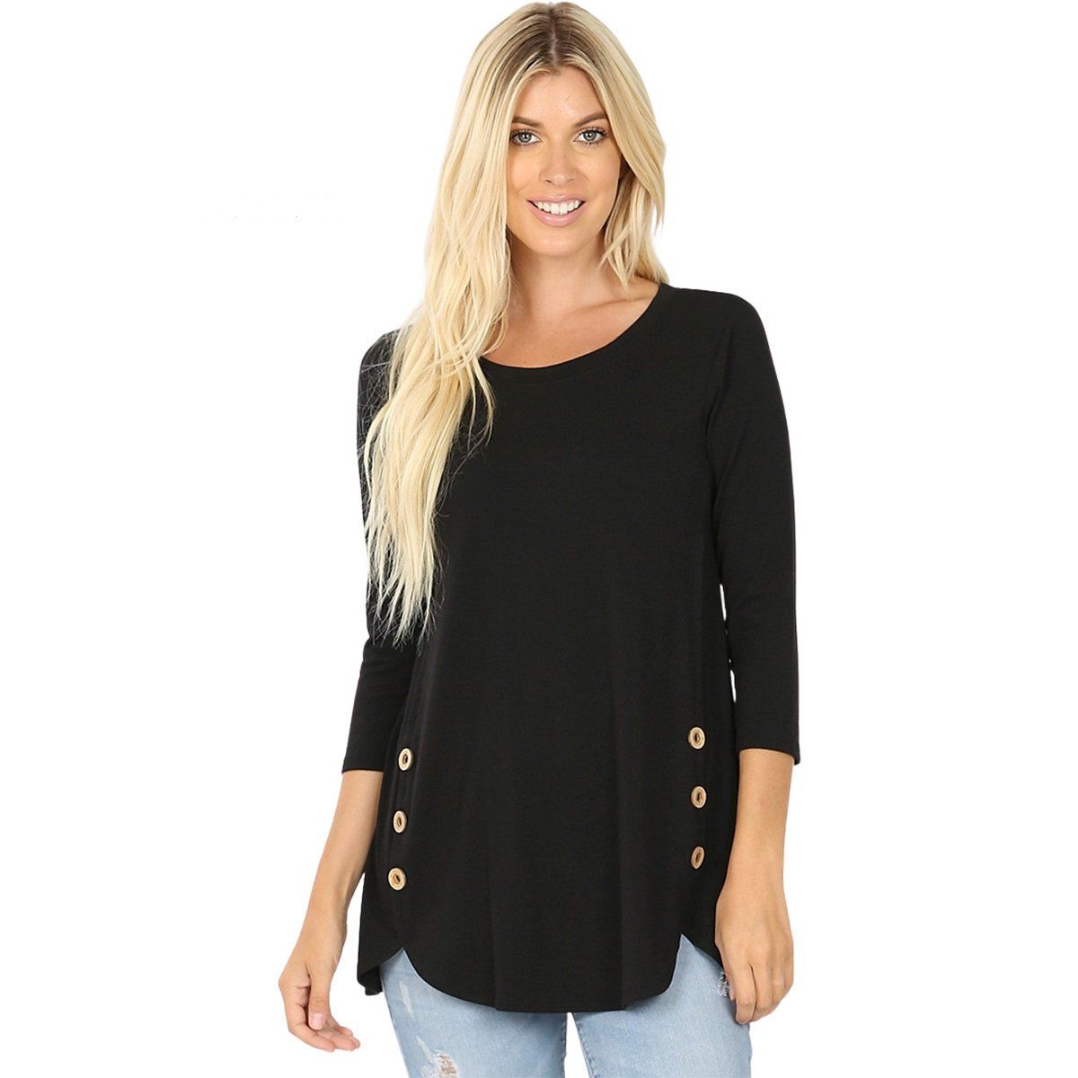 Womens 3/4 Sleeve, Side Button, Dolphin Hem Tunic Top: Black Tops MomMe and More 