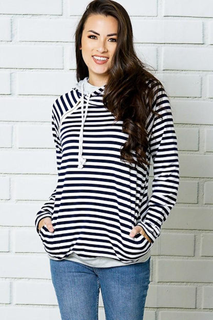 Womens Side Zip Double Hooded Sweatshirt: Black/White Tops MomMe and More 