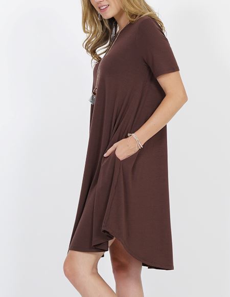 Womens Short Sleeve Pocket Midi Dress: Brown dress MomMe and More 