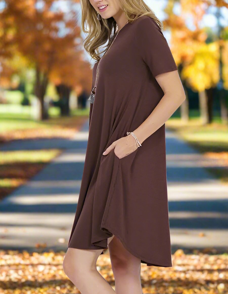 Womens Short Sleeve Pocket Midi Dress: Brown dress MomMe and More 