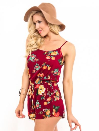 Women/Juniors Spaghetti Strap Floral Romper Shorts Jumpsuit Burgundy: S/M/L romper MomMe and More 