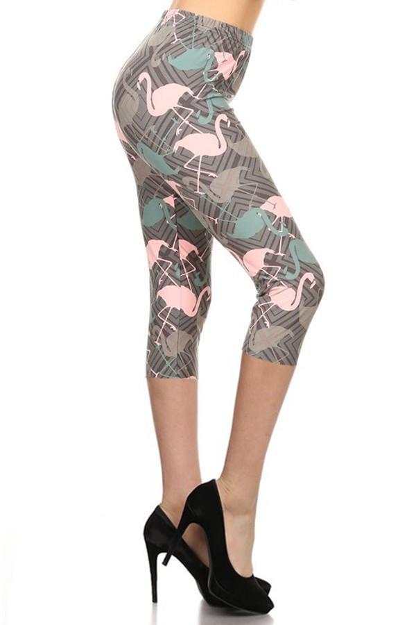 Women's Capri Flamingo Printed Soft Leggings Gray Leggings MomMe and More 